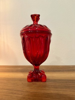 Viking Glass Epic Four Square Pedestal Candy Dish With Lid Ruby Reflecting MCM