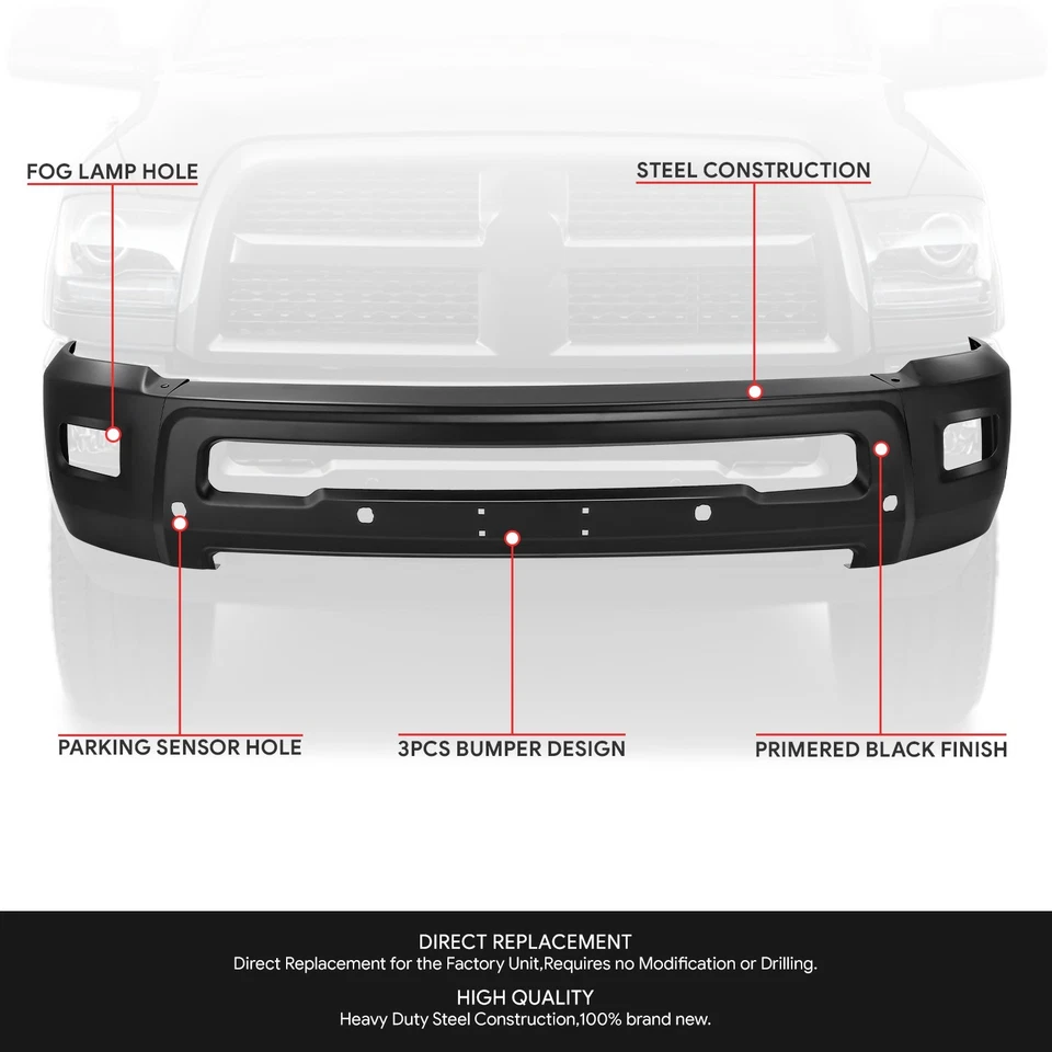 Barra frontal de parachoques negra Fit 10-18 Dodge Ram 2500 3500 con orificios de luz antiniebla Foto 2 de 4
