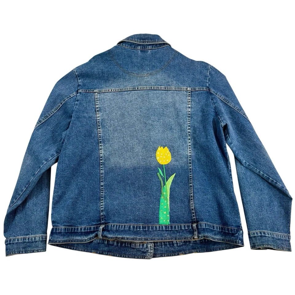 Quacker Factory Sz XL Denim Jacket Funky Art-to-Wear Tulip Floral Patches Boho - Image 4 of 4
