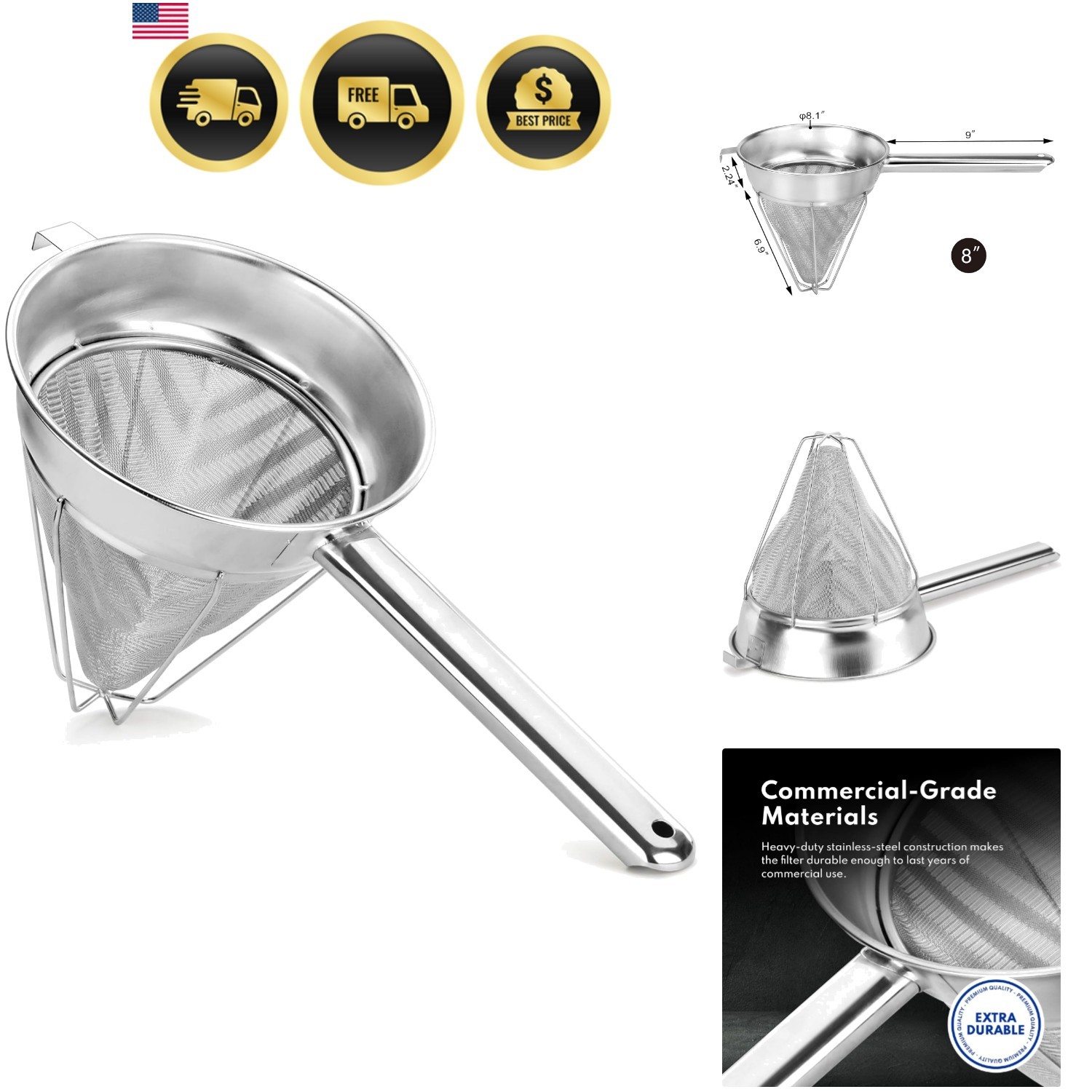 Bouillon Strainer 8-Inch Fine Mesh Stainless Steel Commercial Kitchen Strainer