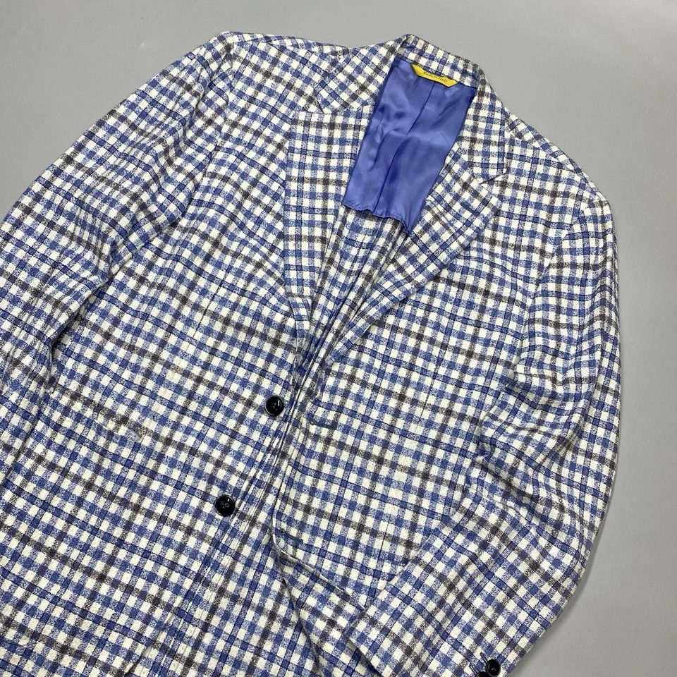 Куртка мужская Canali Kei Blazer 40/50R хлопок шерсть лен синяя клетчатая неструктурированная - Изображение 2 из 4