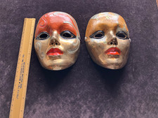 Solid Brass Mardi Gras Style Mask With Enamel Paint Wall Decor Vintage Set Of 2
