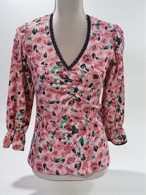 Savida Rose Floral Dark Romantic Lace Womans Top Balloon Ruffle Sleeves XS