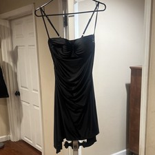 Memoriesea Black Satin Ruched Hi-Low Mini Dress Adjustable Straps