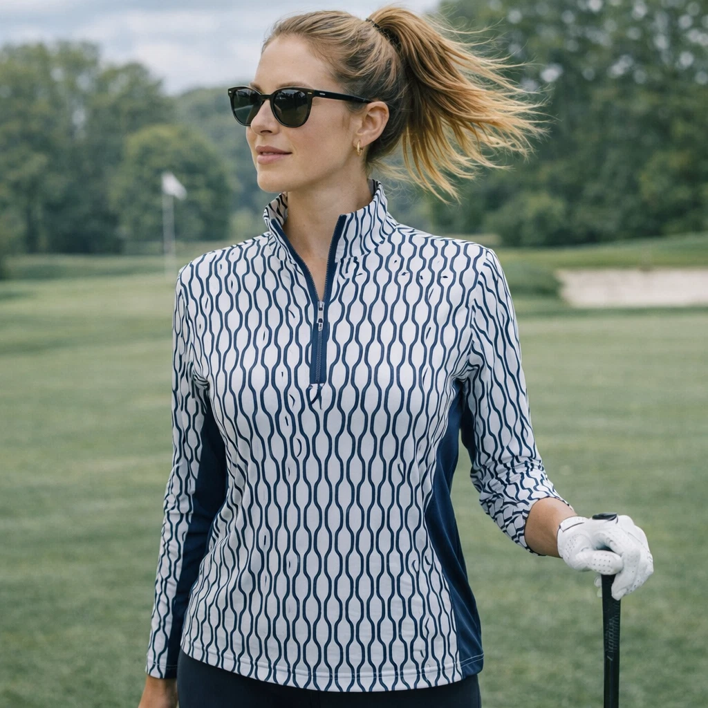 Tail Top SZXS Activewear Blue White Pattern Long Sleeve Mock Golf UPF50 Athletic