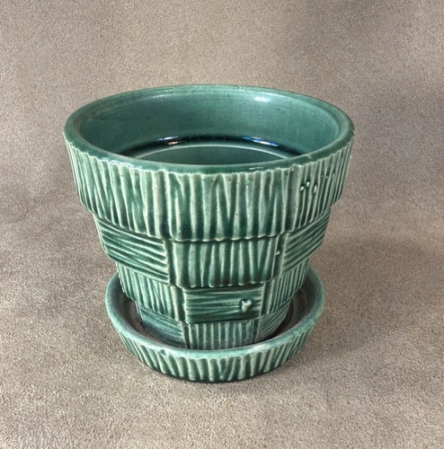 Vintage 1950's McCoy Basketweave Green Small 3 1/4" Flower Pot Planter