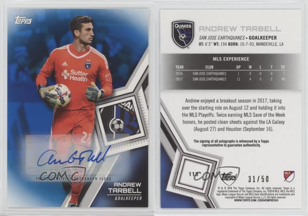 2018 Topps MLS Blue Auto 31/50 Andrew Tarbell #113 Auto 1u6