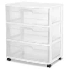 Sterilite Storage Drawer, 3 Drawer Wide Plastic Storage Cart with Clear Pull Out