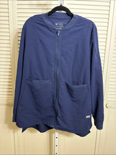 FIGS Women's Navy Blue Zip Bomber Jacket Patch Pockets Polyester Blend Large