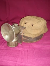 Antique Justrite 1912 carbide brass lantern with miner's cap canvas leather