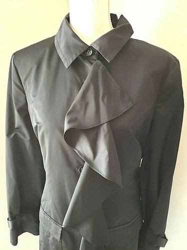 Doncaster Collection Womens Black Ruffle Front Tie Waist Trench Coat Jacket 16 - Picture 3 of 8
