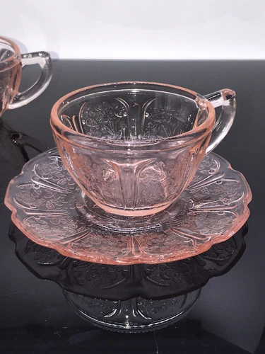 Vintage Pink Cherry Blossom Cup & Saucer Set Jeanette Glass Co 1930-1939 + Cup