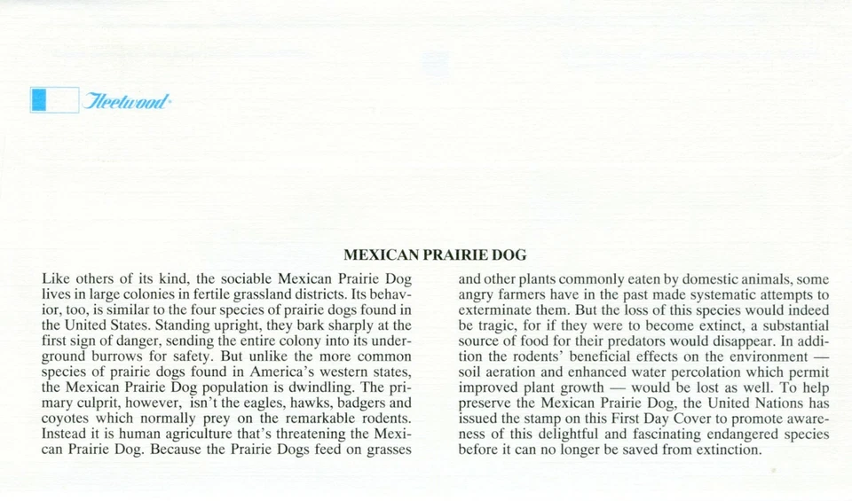 FDC Mexican Prairie Dog Fleetwood Endangered Species UN  Stamp - Image 2 of 2