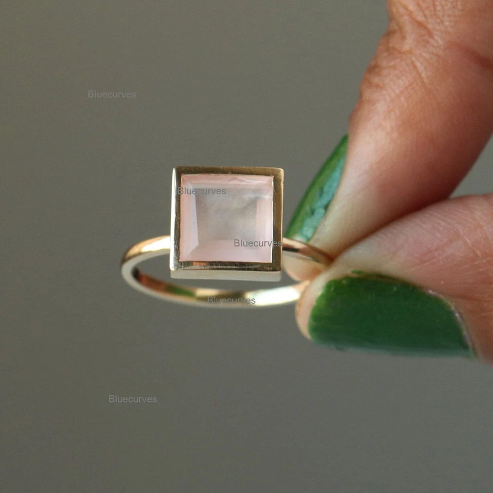 Anillo solitario de cuarzo rosa natural corte princesa oro macizo amarillo de 14 k Foto 2 de 4