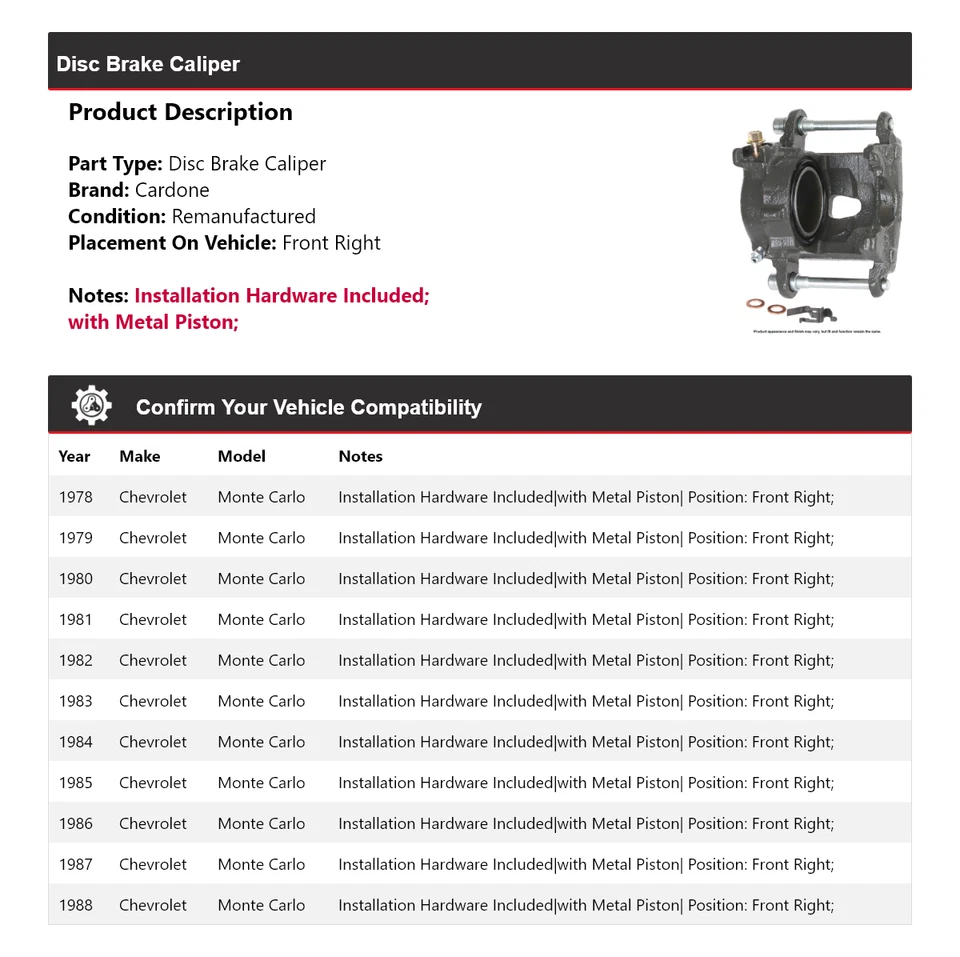Pinza de freno de disco delantera derecha Cardone 1979 para Chevrolet Monte Carlo 1978-1988 Foto 2 de 4