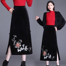 Gonne Pleuche Donna A-Line Ricamo Floreale Alta Elasticità Con Spacco Laterale
