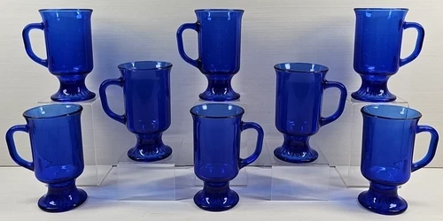 8 Anchor Hocking Cobalt Blue Irish Mugs Set Pedestal Drinking Cup Coffee Tea Lot