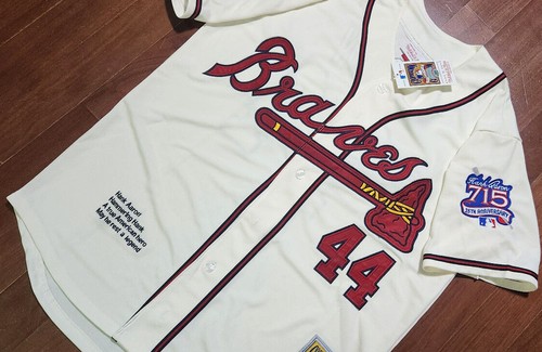 Brand New Atlanta Braves #44 Hank Aaron Cooperstown 2patch sewn Jersey Ivory MEN - Picture 4 of 12