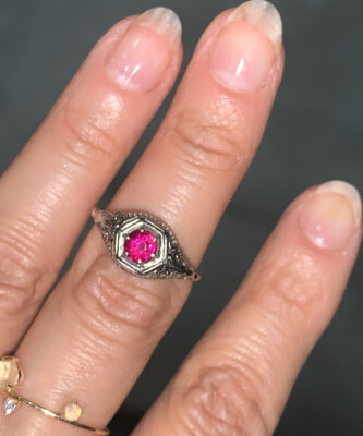 Antique 10k W Gold Vivid Pink Filigree Carved Etch Ring Nouveau Edwardian 2.25g