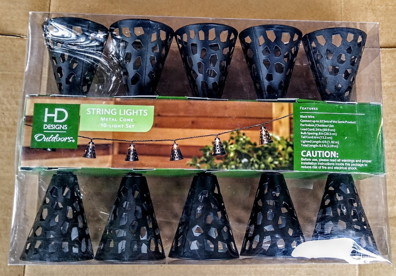HD DESIGNS OUTDOORS STRING LIGHTS METAL CONE 10-LIGHT SET INDOOR/OUTDOOR GARDEN
