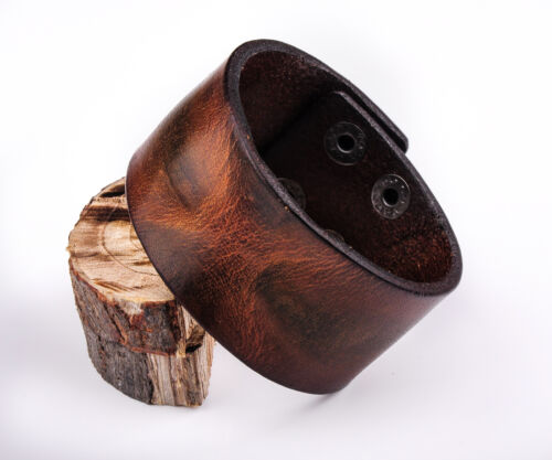 Men's Vintage Wide Cowhide Genuine Leather Wrap Bracelet Wristband Cuff BROWN - Picture 5 of 8