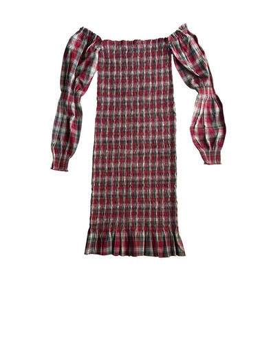 Nothing Fits But Plaid Smocked Off-Shoulder Midi Dress Puff Sleeve S/M Maternity