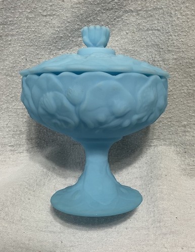 Vintage Fenton Blue Satin Glass Covered Candy Dish 7 3/4" High With Top