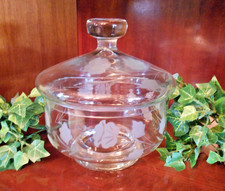 Vintage Etched Flower Clear Glass Candy Dish with Lid
