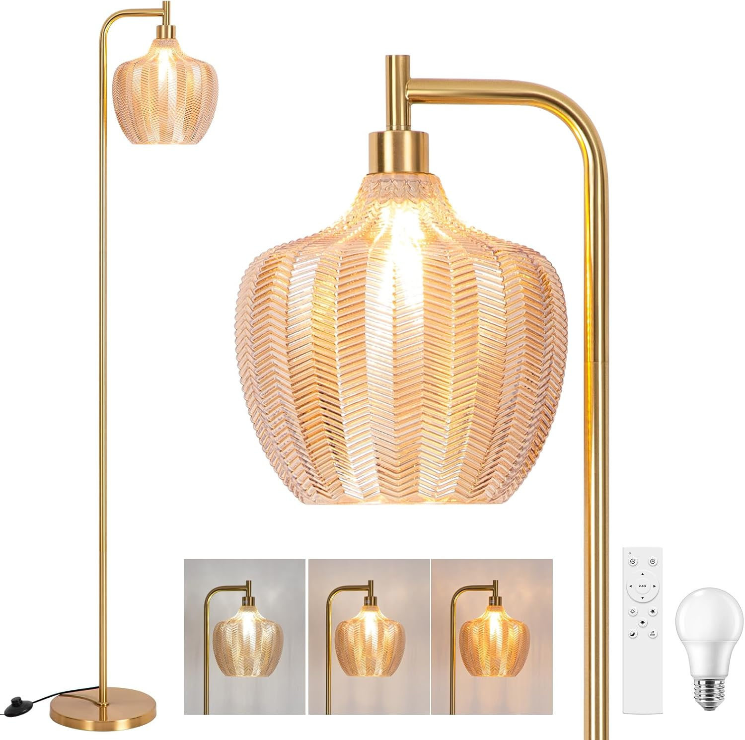 Modern Gold Floor Lamp with Remote - Dimmable Glass Standing Light for Living Room