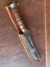 Clean KA-BAR USMC Fighting Knife w Leather Sheath Marines Olean NY Engraved