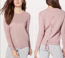 Lululemon Tied To You Sweater 100 Merino Wool Misty Pink Women Medium Hole