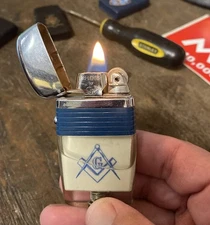 Vintage Scripto Vu Lighter Chrome & Blue Band Cigarette Lighter MASON SYMBOL