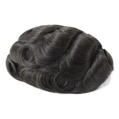 Mens Toupee Ultra Black Thin Skin Human Hair Replacement System Hairpiece8X10#1B