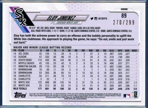 Eloy Jimenez 2021 Topps Chrome Purple Refractor #89 Chicago White Sox 270/299 - Picture 2 of 2