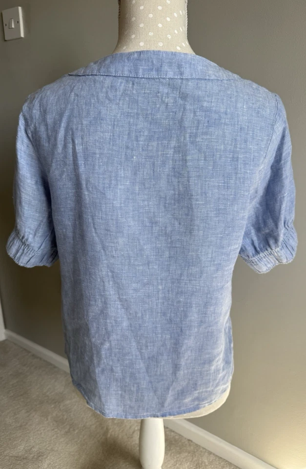 M&S 100% LINEN CHAMBRAY SQUARE NECK BUTTON FRONTSHORT PUFF SLEEVE  BLOUSE SIZE 8 - Image 2 of 4