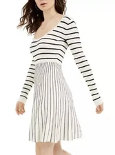 GUESS Dress Pullover Sweater Nash Knit Fit & Flare Stripe White Black Large 