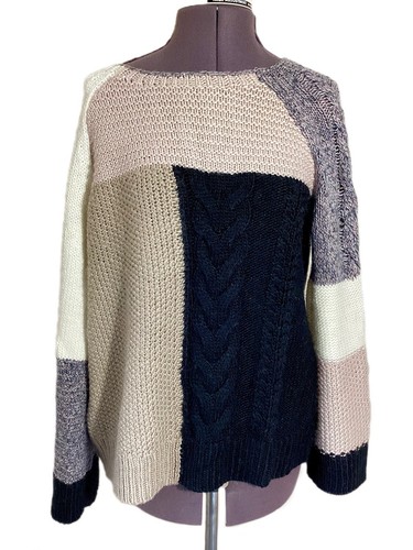 LOFT Patchwork Chunky Cable Knit Sweater Size M Cozy Neutral Wool Silk Blend