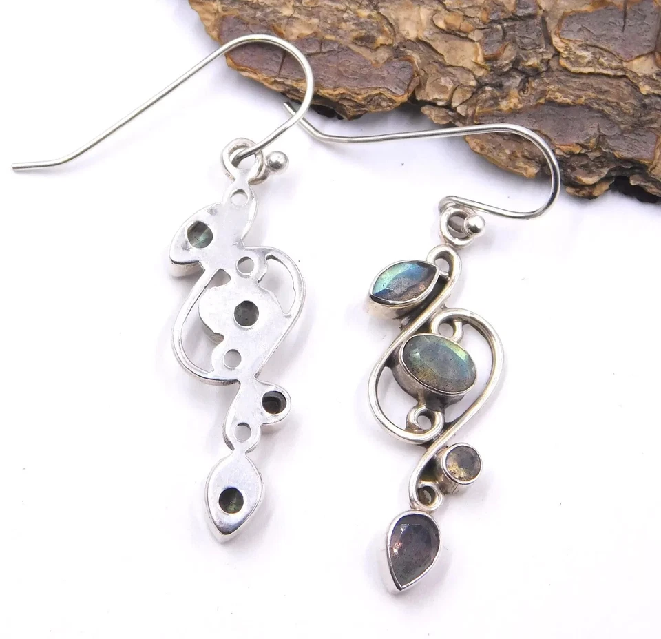 4.60 Gm 925 Sterling Silver Natural Labradorite Gemstone Earring Size 1.75" S322 - Image 3 of 4