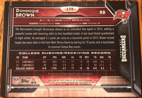 2015 Topps Chrome Rookie Autographs Dominique Brown #179 Tampa Bay Buccaneers - Picture 2 of 2