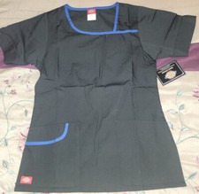 Dickies Womens Medical Scrub Top Black W Galaxy Blue Trim Squareneck XSmall NEW