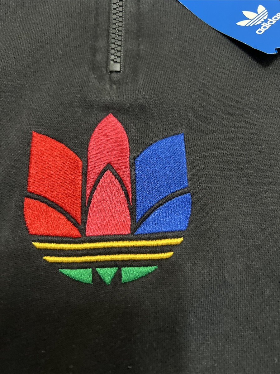 トップス 00s adidas zip hoodie trefoil logo ADIDAS Trefoil Sz S Black 1/4 Zip Hoodie Embroidered Red Gold Blue