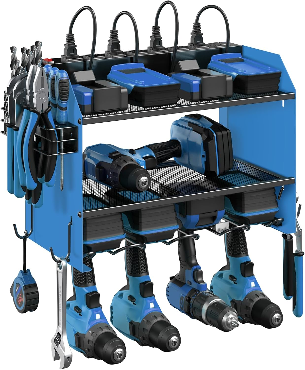 Modular Wall-Mounted Power Tool Organizer with Charging Station for 4 Drills