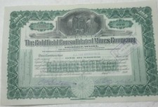 1919 wydanie COLDFIELD CONS MINES CO. stock 100 shs ctf # 10124 cxl 1934 prawie nowy Wyoming