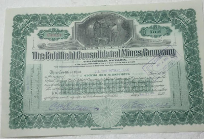 1919 issue COLDFIELD CONS MINES CO. stock 100 shs ctf#10124 cxl 1934 NM Wyoming