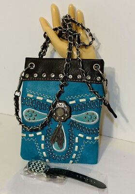 TEAL RHINESTONE CRYSTAL METAL STUDDED MESSENGER BAG & WATCH New
