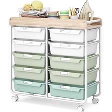 10 Drawers Rolling Cart with Wooden Tabletop, Utility Storage Cart with Wheel...
