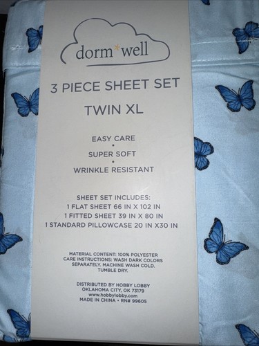 Dorm Well 3 Piece Twin Xl Sheet Set Blue Butterflies - Picture 2 of 3