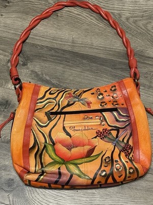 ANUSCHKA Women's Hand Painted Butterfly Floral Genuine Leather Shoulder Handbag