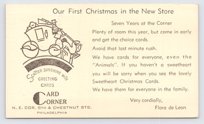 1941 Card Corner Postal Card Philadelphia PA Christmas Greeting Flora De Leon