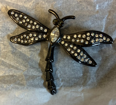 Dragonfly pin - black with glass crystals / wingspan 2.25 inches